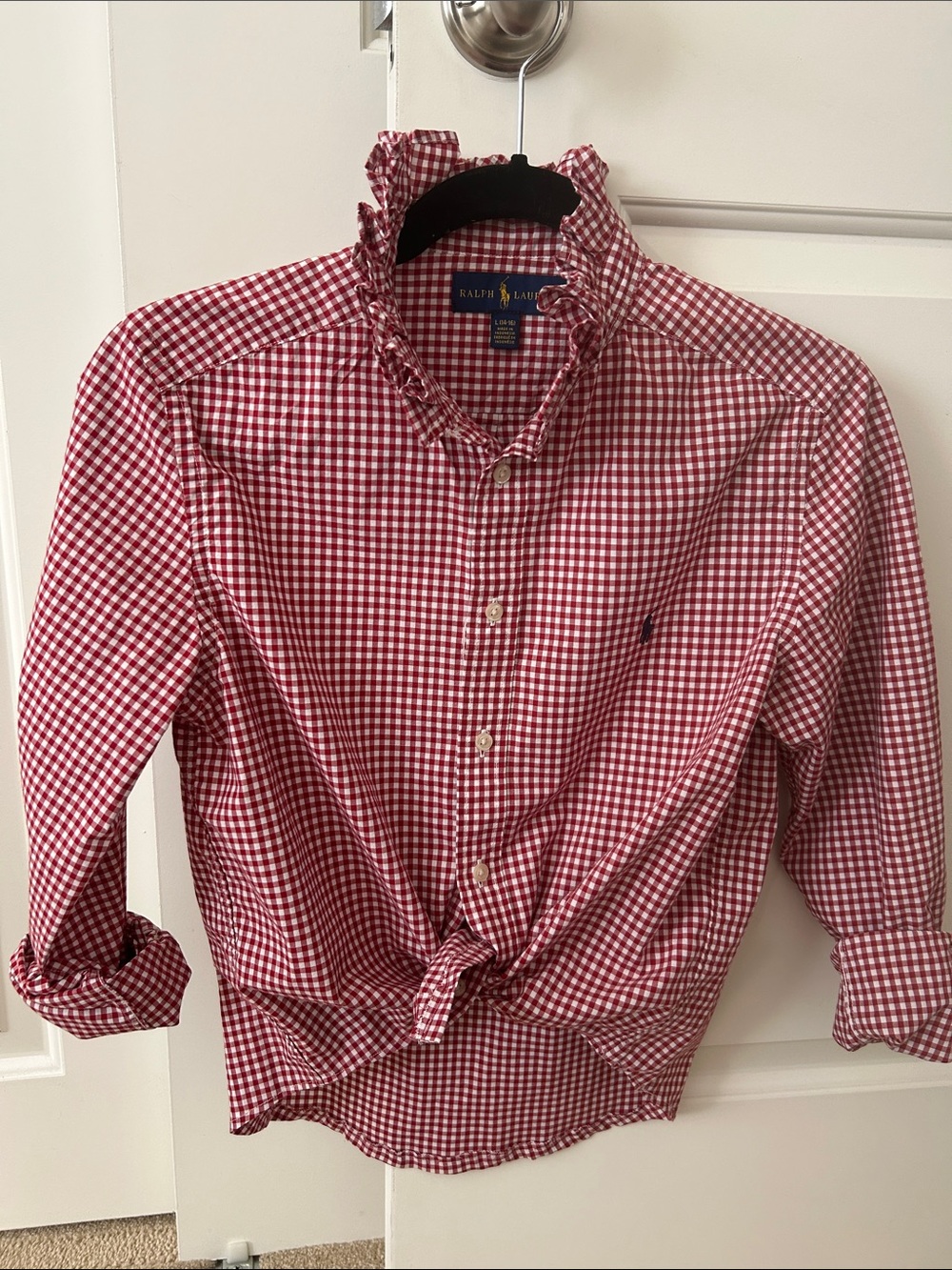 Ralph Lauren Red and White Gingham Button-Down Shirt with a ruffled collar